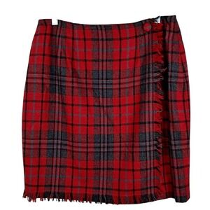 Vintage FORENZA 14 Red Blue Tartan Plaid Kilt Style Wrap Skirt Wool Fringed